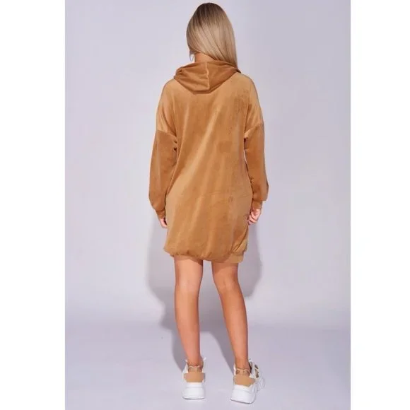 Beige Suede Long Sleeve Hooded Loose Fit Oversized Mini Dress Sweatshirt - Picture 4 of 8